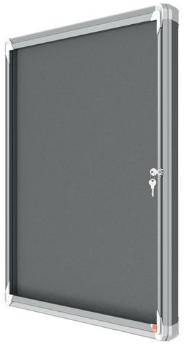 54849AC | Felt lockable notice board with a hinged glass door and side lock. Complete with a modern stylish aluminum trim and fixed with a through corner wall mounting. Excellent felt notice board surface to securely pin and display your notices. Size: 8xA4 sheets.
