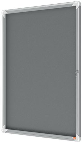54856AC | Felt lockable notice board with a hinged glass door and side lock. Complete with a modern stylish aluminum trim and fixed with a through corner wall mounting. Excellent felt notice board surface to securely pin and display your notices. Size: 9xA4 sheets.