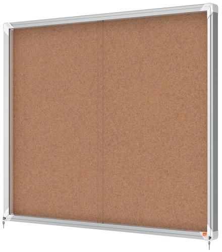54870AC | Cork lockable notice board with sliding glass doors and unobtrusive integrated corner lock. Complete with a modern stylish aluminum trim and fixed with a rail and through corner wall mounting. Excellent cork notice board surface to securely pin and display your notices. Size: 15xA4 sheets.