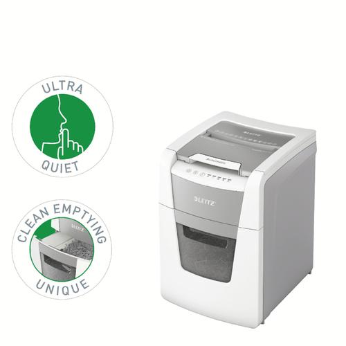 Leitz IQ AutoFeed Small Office 100 Cross Cut Shredder 34 Litre 100 Sheet Automatic/8 Sheet White 80111000 ACCO Brands