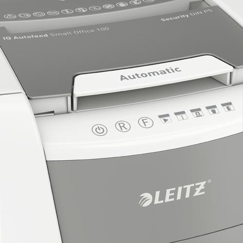 Leitz IQ Autofeed Office 100 Micro-Cut P-5 Shredder White 80121000 LZ12632 Buy online at Office 5Star or contact us Tel 01594 810081 for assistance