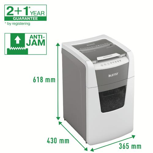 85898AC | The fully automatic paper shredder from Leitz with unique clean emptying feature. So intelligent it quietly works on its own, just insert your stack of papers (incl. staples & paper clips), close the lid and get on with your day. Ideal for office use. Higher security and excellent performance with this  anti jam, quiet and long running (30 min)  autofeed shredder. Automatically shred 150 sheets of A4 into security P5 (2x15mm) micro cut pieces in one go into the generous 44L bin. Simple operation using touch controls. Shredding supports GDPR