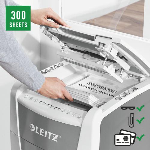 85905AC | The fully automatic paper shredder from Leitz with unique clean emptying feature. So intelligent it quietly works on its own, just insert your stack of papers (incl. staples & paper clips), close the lid and get on with your day. Ideal for office use. Confidential security  and excellent performance with this  anti jam, quiet and long running (60 min)  autofeed shredder. Automatically shred 300 sheets of A4 into security P4 (4x30mm) cross cut pieces in one go into the generous 60L bin. Simple operation using touch controls. Shredding supports GDPR