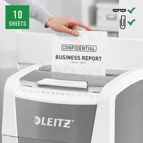 85905AC | The fully automatic paper shredder from Leitz with unique clean emptying feature. So intelligent it quietly works on its own, just insert your stack of papers (incl. staples & paper clips), close the lid and get on with your day. Ideal for office use. Confidential security  and excellent performance with this  anti jam, quiet and long running (60 min)  autofeed shredder. Automatically shred 300 sheets of A4 into security P4 (4x30mm) cross cut pieces in one go into the generous 60L bin. Simple operation using touch controls. Shredding supports GDPR