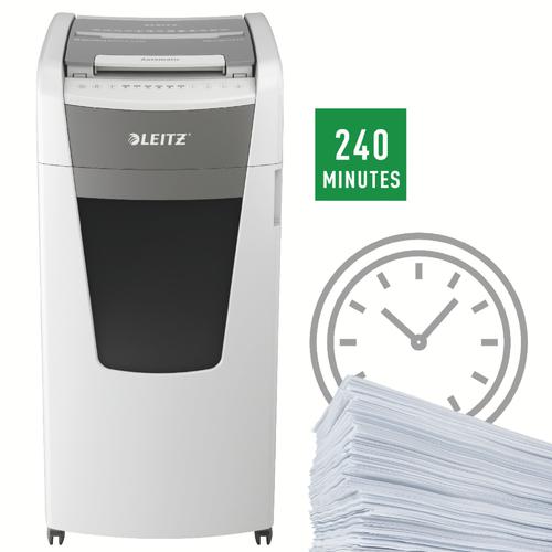 85919AC | The fully automatic paper shredder from Leitz with unique clean emptying feature. So intelligent it quietly works on its own, just insert your stack of papers (incl. staples & paper clips), close the lid and get on with your day. Ideal for daily office use. Confidential security and excellent performance with this  anti jam, quiet and top of the class long running (240 min)  autofeed shredder. Automatically shred 600 sheets of A4 into security P4 (4x36mm) cross cut pieces in one go into the large 110L bin. Simple operation using touch controls. Shredding supports GDPR