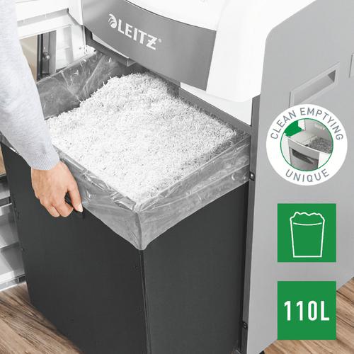85926AC | The fully automatic paper shredder from Leitz with unique clean emptying feature. So intelligent it quietly works on its own, just insert your stack of papers (incl. staples & paper clips), close the lid and get on with your day. Higher security and excellent performance with this anti jam, quiet and top of the class  long running (240 min)  autofeed shredder. Automatically shred 600 sheets of A4 into security P5 (2x15mm) micro cut pieces in one go into the large 110L bin. Simple operation using touch controls. Shredding supports GDPR