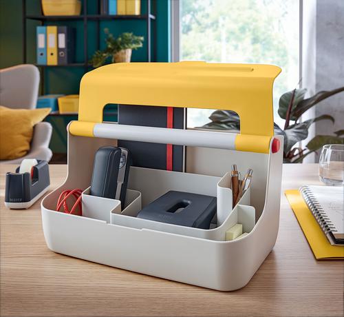 Make yourself at home wherever your working day takes you with the Cosy Range from Leitz. With it's minimalist design and inviting matt finish colours, you can add style and colour to your workspace. The portable Cosy Storage Carry Box is a multi talent and can be used as a hot desking carry storage box or organiser for meeting room, office, home. This flexible storage box with carry handle is the perfect addition to your home or office to ensure you stay relaxed and productive all day.