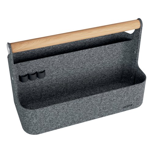Premium portable desk organiser with wooden handle, ideal for hot desking. Made from stable, durable, recycled thermo felt - 2 storage compartments.