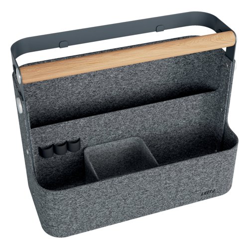Premium portable desk organiser, unique hanging function, ideal for hot desking. Stable and durable with 2 compartments, small removable tray.