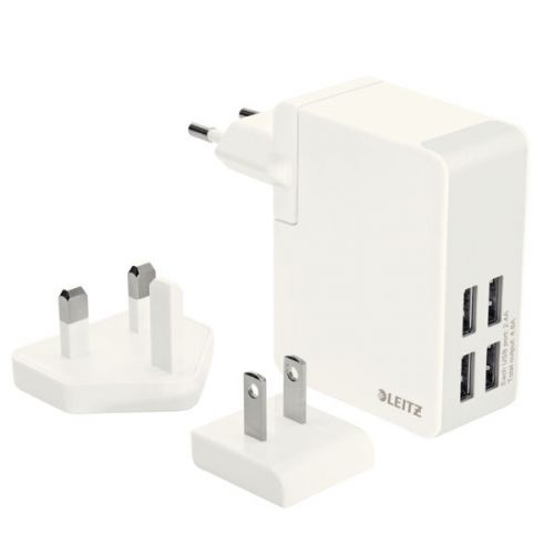 Leitz Complete Traveller USB Wall Charger with 4 USB ports 24 Watt. EU, UK and US plug. For tablets and smartphones. White
