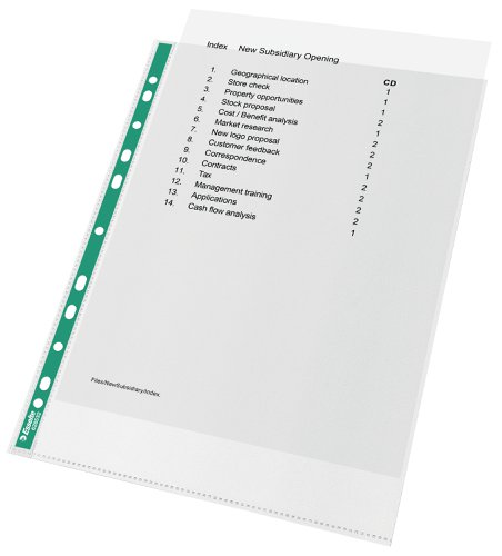 Esselte Green Spine A4 Punched Pockets Top Opening - Embossed. Pack 200