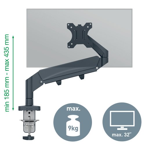 Leitz Ergo Space-Saving Single Monitor Arm Suitable for Monitors upto 32inches Dark Grey - 64890089 ACCO Brands