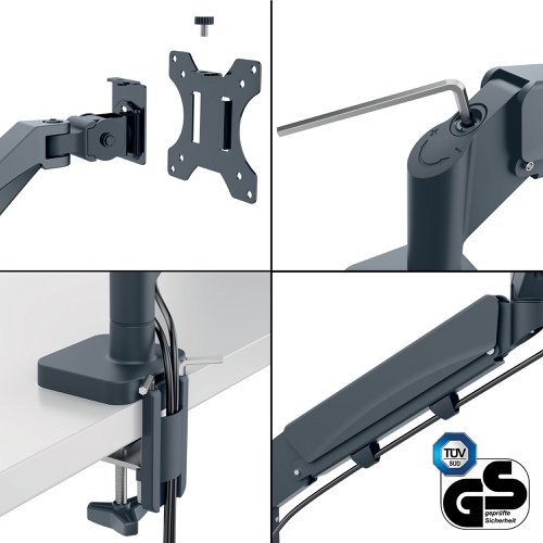 Leitz Ergo Space-Saving Single Monitor Arm Suitable for Monitors upto 32inches Dark Grey - 64890089