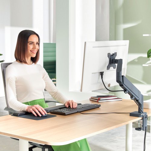 21811AC | The Leitz Space Saving Single Monitor Arm has a positive impact on posture, promotes proper eye alignment and supports neck and shoulder comfort when the height of the monitor is adjusted correctly, and as recommended, to the ideal ergonomic position. The monitor stand remains stable at all heights and angles and can be easily switched between landscape and portrait mode. It's design is ideal for where space is limited and it will free up valuable desktop space. Ergonomically designed to promote wellness and increase productivity.