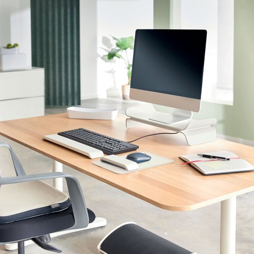 21797AC | The Leitz Ergo Adjustable Computer Monitor Stand helps create a comfortable and ergonomic workspace by raising your monitor to an optimal viewing height. Designed to provide maximum comfort while sitting or standing, this monitor riser promotes a healthy posture and optimises comfort for the neck and shoulders. The adjustable desk monitor stand has 2 height settings and will securely hold up to 27" monitor screens. There is also space underneath the desk riser to store a keyboard or other daily essentials to keep desks and work surfaces clutter free. With it's minimalist design and matt finish, this stylish monitor stand for desks can have a positive impact on wellbeing by effortlessly creating the perfect active working set-up. Combine with other Leitz Ergo products for an inviting and flexible workspace to help you stay active and productive throughout the day.
