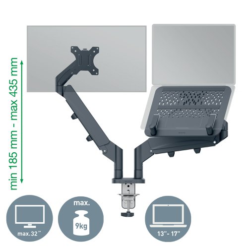 Leitz Ergo Dual Monitor and Laptop Arm Dark Grey 65380089 LZ13470 Buy online at Office 5Star or contact us Tel 01594 810081 for assistance
