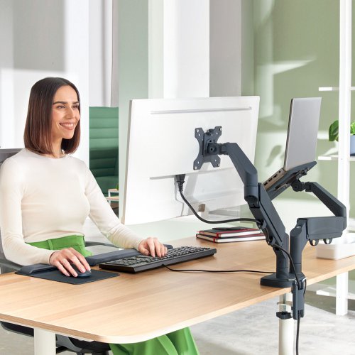 21825AC | The Leitz Space Saving Dual Monitor and Laptop Arm has a positive impact on posture, promotes proper eye alignment and supports neck and shoulder comfort when the height of the monitor and laptop are adjusted correctly, and as recommended, to the ideal ergonomic position. The monitor and laptop stand remains stable at all heights and angles and can be easily switched between landscape and portrait mode. It's design is ideal for where space is limited and it will free up valuable desktop space. Ergonomically designed to promote wellness and increase productivity.