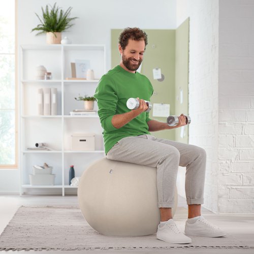 The Leitz Active Sitting Ball with stopper function encourages back and core muscle movement to improve posture and relieve back pain.Ideal for use as an additional sitting solution to keep you active while you work. The 55cm diameter makes this sitting ball chair ideal for those between 135 and 155cm in height.The safety stopper function prevents the ball from rolling away when standing up and secure for storage. With it's minimalist design, this stylish sitting ball chair has a positive impact on wellbeing by effortlessly creating the perfect active working set-up.Alternate every 30 minutes between the ball and a chair and ensure correct inflation according to the manual. Combine with other Leitz Ergo products for an inviting and flexible workspace to help you stay active and productive throughout the day.Includes the inner sitting ball, fabric ball cover, hand air pump and 2 plugs, a plug remover and instruction sheetIGR and TÜV certified.