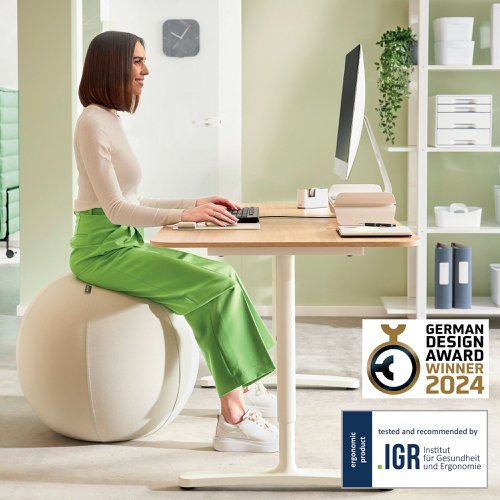 The Leitz Active Sitting Ball with stopper function encourages back and core muscle movement to improve posture and relieve back pain.Ideal for use as an additional sitting solution to keep you active while you work. The 65cm diameter makes this sitting ball chair ideal for those between 156 and 180cm in height.The safety stopper function prevents the ball from rolling away when standing up and secure for storage. With it's minimalist design, this stylish sitting ball chair has a positive impact on wellbeing by effortlessly creating the perfect active working set-up.Alternate every 30 minutes between the ball and a chair and ensure correct inflation according to the manual. Combine with other Leitz Ergo products for an inviting and flexible workspace to help you stay active and productive throughout the day.Includes the inner sitting ball, fabric ball cover, hand air pump and 2 plugs, a plug remover and instruction sheetIGR and TÜV certified.
