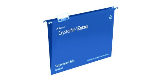 Rexel A4 Heavy Duty Suspension Files with Tabs and Inserts for Filing Cabinets, 15mm V base, Polypropylene, Blue, Crystalfile Extra, Pack of 25
