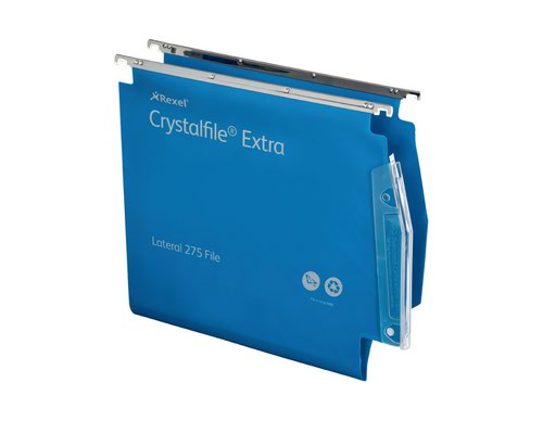 Rexel 275 Lateral Hanging Files with Tabs and Inserts, 15mm V-base, Polypropylene, Blue, Crystalfile Extra, Pack of 25