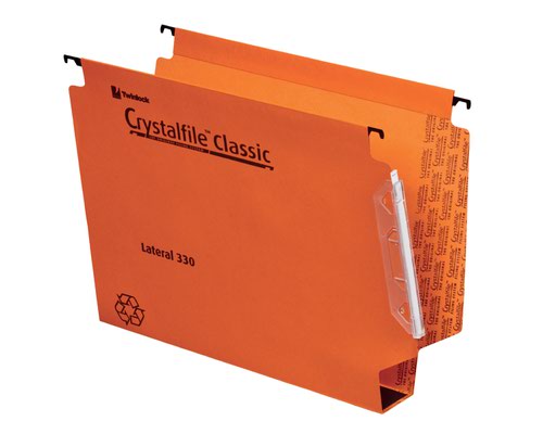 Rexel 330 Lateral Hanging Files with Tabs and Inserts, 50mm base, 100% Recycled Manilla, Orange, Crystalfile Classic, Pack of 25