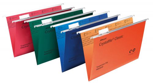 Rexel Foolscap Suspension Files with Tabs and Inserts for Filing Cabinets, 15mm V base, 100% Recycled Manilla, Assorted Colours, Crystalfile Classic,