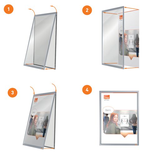 This wall mounted poster frame sign holder has a stylish low-profile clip frame, seamless mitred corners and a truly innovative content replacement mechanism. Simply remove the front display frame by, then exchange the content behind the transparent cover and replace the display frame with a simple 'push click fit' connection. This stable and secure signage solution has a back panel which attaches firmly to the wall using through corner mounting; allowing you to replace the content without removing the frame from the wall. The innovative design enhances a traditional product solution by making document replacement a quick and simple process. Display area size A4.