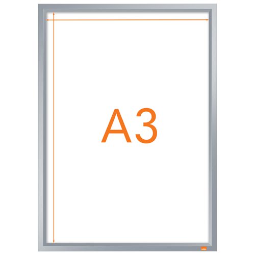 This wall mounted poster frame sign holder has a stylish low-profile clip frame, seamless mitred corners and a truly innovative content replacement mechanism. Simply remove the front display frame, then exchange the content behind the transparent cover and replace the display frame with a simple 'push click fit' connection. This stable and secure signage solution has a back panel which attaches firmly to the wall using through corner mounting; allowing you to replace the content without removing the frame from the wall. The innovative design enhances a traditional product solution by making document replacement a quick and simple process. Display area size A3.