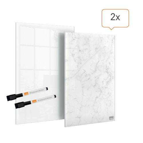These glass mini whiteboard notepads are a useful addition to any work space at home or in the office. With their dry erase glass surface and stylish frameless design, these mini whiteboards are an ideal desktop whiteboard and note taking tool; simply write, wipe clean away and start afresh. Their high quality glass whiteboard surface also offers the highest level of resistance to stains and scratches. Pack of 2; 1x white and 1x white marble effect. Size of each 230x152mm. Supplied with 2 whiteboard pens.