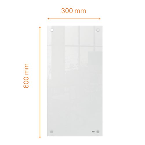 This small glass whiteboard panel is a useful addition to any workspace at home or in the office due to its frameless whiteboard design and premium glass finish. The dry erase surface and slim portrait format make it an ideal memo board in tighter spaces for jotting down notes and lists; simply write, wipe clean and start afresh. The high quality glass whiteboard surface also offers the highest resistance to stains and pen marks. Stylish through corner fixing provides safe and secure wall mounting in either landscape or portrait orientation. Supplied with a whiteboard pen. Size 300x600mm.