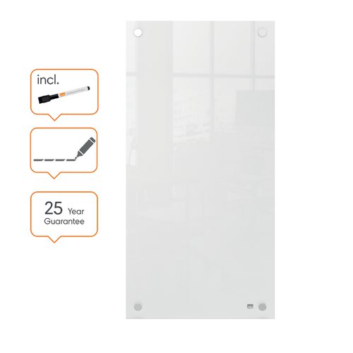 55794AC | This small glass whiteboard panel is a useful addition to any workspace at home or in the office due to its frameless whiteboard design and premium glass finish. The dry erase surface and slim portrait format make it an ideal memo board in tighter spaces for jotting down notes and lists; simply write, wipe clean and start afresh. The high quality glass whiteboard surface also offers the highest resistance to stains and pen marks. Stylish through corner fixing provides safe and secure wall mounting in either landscape or portrait orientation. Supplied with a whiteboard pen. Size 300x600mm.