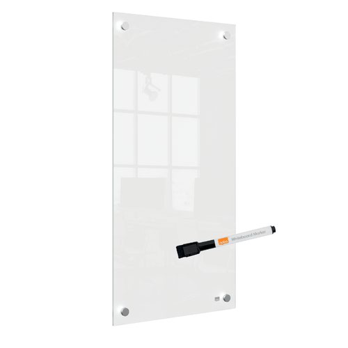 This small glass whiteboard panel is a useful addition to any workspace at home or in the office due to its frameless whiteboard design and premium glass finish. The dry erase surface and slim portrait format make it an ideal memo board in tighter spaces for jotting down notes and lists; simply write, wipe clean and start afresh. The high quality glass whiteboard surface also offers the highest resistance to stains and pen marks. Stylish through corner fixing provides safe and secure wall mounting in either landscape or portrait orientation. Supplied with a whiteboard pen. Size 300x600mm.