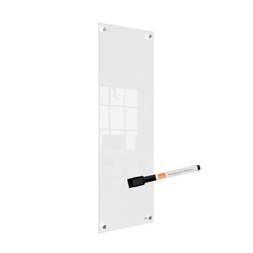 55801AC | This small glass whiteboard panel is a useful addition to any workspace at home or in the office due to its frameless whiteboard design and premium glass finish. The dry erase surface and slim portrait format make it an ideal memo board in tighter spaces for jotting down notes and lists; simply write, wipe clean and start afresh. The high quality glass whiteboard surface also offers the highest resistance to stains and pen marks. Stylish through corner fixing provides safe and secure wall mounting in either landscape or portrait orientation. Supplied with a whiteboard pen. Size 300x900mm.