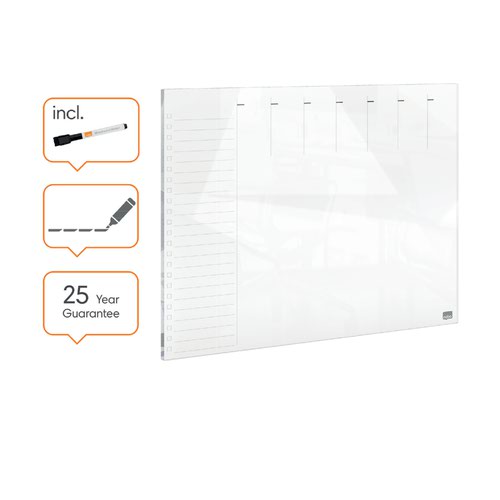 This glass whiteboard weekly planner is a useful tool for keeping organised at home or at work. With its frameless design and premium glass whiteboard finish, the dry erase surface with a weekly grid makes it an ideal whiteboard planner for noting down reminders, appointments and lists. The high quality glass surface also offers the highest resistance to stains and pen marks; simply write, wipe clean and start afresh. Supplied with a whiteboard pen. Size 430x560mm.