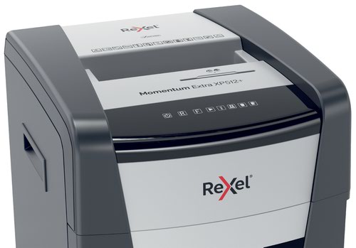 55458AC | The Rexel Momentum Extra XP512+ jam free paper shredder is ideal for destroying confidential documents in the office. The micro cut shredding machine shreds up to 12 sheets of A4 paper (80gsm) in one go through the manual feed slot into P5 security level (2 x 15mm) pieces. Active sensing technology measures the number of sheets being fed in real-time to stop paper jams and mis-feeds; indicated by a red LED on the control panel. This micro cut paper shredder will not operate until the number of sheets is reduced below or at the maximum sheet capacity. The Rexel office secure shredder is designed for moderate to heavy use with its high sheet capacity, large 45L bin size and continuous run time. It features a touch control panel, infra red sensing technology to alert you when the bin is full, and a 55 dBA ultra-quiet noise level. 