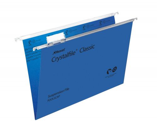28109AC | The UK's best selling suspension files since 1945. Rexel Crystalfile Classic Suspension Files are made from 100% recycled premium manila with contrasting steel bars. They are supplied complete with snap proof Crystal Tabs and unique printable inserts for easy referencing. Suitable for filing cabinets, desk drawer chassis and desk top organisers with rails 387mm apart. This Foolscap standard capacity hanging file has a 15mm V-base, which holds up to 150 A4 sheets (80 gsm). The file dimensions are 387 x 240mm, runner length 407mm to allows for easy access to frequently used documents. Available in Green, Blue, Red or Black, with 15mm, 30mm or 50mm base widths and a A4 or Foolscap size option.