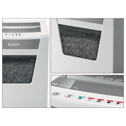 30538AC | A strong and stylish shredder from Leitz. Perfect shredding every time, ideal for office use.  No complications and excellent performance with this anti jam, quiet and long running shredder.  Shred 15 sheets of A4 into Security DIN P4 pieces, with a generous 23L bin with simple operation using touch controls.  Shred for longer with a class leading 2 hour run time, for a completely uninterrupted shredding experience.
