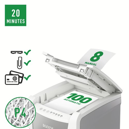 85877AC | The fully automatic Leitz IQ paper shredder with unique clean emptying feature. So intelligent it quietly works on its own, just insert your stack of papers (incl. staples & paper clips), close the lid and get on with your day. Ideal for small office use. Confidential security  and excellent performance with this anti jam, quiet and long running (20 min)  autofeed shredder. Automatically shred 100 sheets of A4 into security P4 (4x30mm) cross cut pieces in one go into the generous 34L bin. Simple operation using touch controls. Shredding supports GDPR 