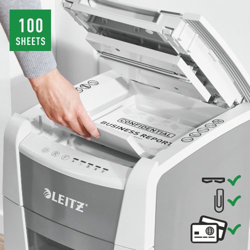 Leitz IQ AutoFeed Small Office 100 Cross Cut Shredder 34 Litre 100 Sheet Automatic/8 Sheet White 80111000