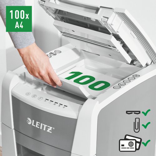 Leitz IQ AutoFeed Small Office 100 Cross Cut Shredder 34 Litre 100 Sheet Automatic/8 Sheet White 80111000
