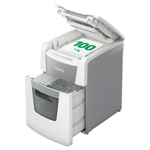 85884AC | The fully automatic paper shredder from Leitz with unique clean emptying feature. So intelligent it quietly works on its own, just insert your stack of papers (incl. staples & paper clips), close the lid and get on with your day. Ideal for small office use. Higher security and excellent performance with this  anti jam,  quiet and long running (20 min)  autofeed shredder. Automatically shred 100 sheets of A4 into security P5 (2x15mm) micro cut pieces in one go into the generous 34L bin. Simple operation using touch controls. Shredding supports GDPR