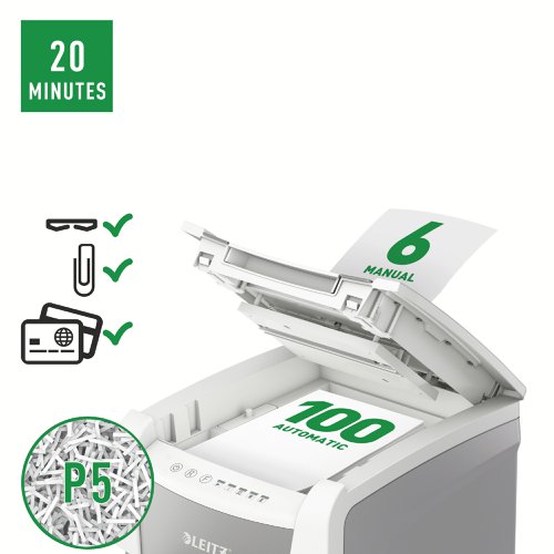 LZ12632 Leitz IQ Autofeed Office 100 Micro-Cut P-5 Shredder White 80121000