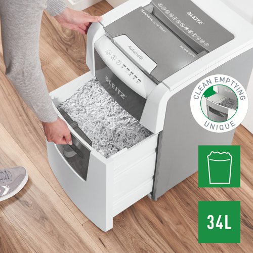 85884AC | The fully automatic paper shredder from Leitz with unique clean emptying feature. So intelligent it quietly works on its own, just insert your stack of papers (incl. staples & paper clips), close the lid and get on with your day. Ideal for small office use. Higher security and excellent performance with this  anti jam,  quiet and long running (20 min)  autofeed shredder. Automatically shred 100 sheets of A4 into security P5 (2x15mm) micro cut pieces in one go into the generous 34L bin. Simple operation using touch controls. Shredding supports GDPR