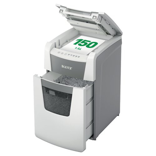 85898AC | The fully automatic paper shredder from Leitz with unique clean emptying feature. So intelligent it quietly works on its own, just insert your stack of papers (incl. staples & paper clips), close the lid and get on with your day. Ideal for office use. Higher security and excellent performance with this  anti jam, quiet and long running (30 min)  autofeed shredder. Automatically shred 150 sheets of A4 into security P5 (2x15mm) micro cut pieces in one go into the generous 44L bin. Simple operation using touch controls. Shredding supports GDPR