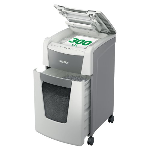 85912AC | The fully automatic paper shredder from Leitz with unique clean emptying feature. So intelligent it quietly works on its own, just insert your stack of papers (incl. staples & paper clips), close the lid and get on with your day. Ideal for office use. Higher security  and excellent performance with this  anti jam, quiet and long running (60 min)  autofeed shredder. Automatically shred 300 sheets of A4 into security P5 (2x15mm) micro cut pieces in one go into the generous 60L bin. Simple operation using touch controls. Shredding supports GDPR