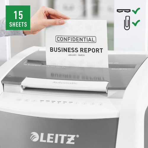 Leitz IQ AutoFeed Office Pro 600 Cross Cut Shredder 110 Litre 600 Sheet Automatic/15 Sheet Manual White 80171000