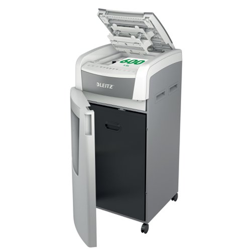 85926AC | The fully automatic paper shredder from Leitz with unique clean emptying feature. So intelligent it quietly works on its own, just insert your stack of papers (incl. staples & paper clips), close the lid and get on with your day. Higher security and excellent performance with this anti jam, quiet and top of the class  long running (240 min)  autofeed shredder. Automatically shred 600 sheets of A4 into security P5 (2x15mm) micro cut pieces in one go into the large 110L bin. Simple operation using touch controls. Shredding supports GDPR