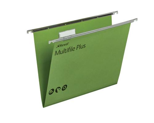 Rexel A4 Suspension Files with Tabs and Inserts for Filing Cabinets, 15mm V-base, 100% Recycled Manilla, Green, Multifile Plus, Pack of 20