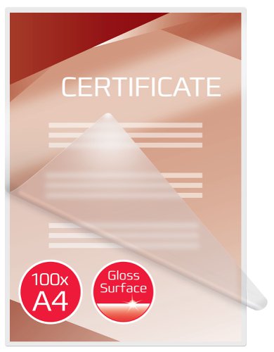 Laminating pouches are a convenient, everyday solution to protect and enhance valuable presentation pages, reference lists, product sheets, notices, photographs and certificates. 80 Micron Gloss. A4 format. Pack size: 100.